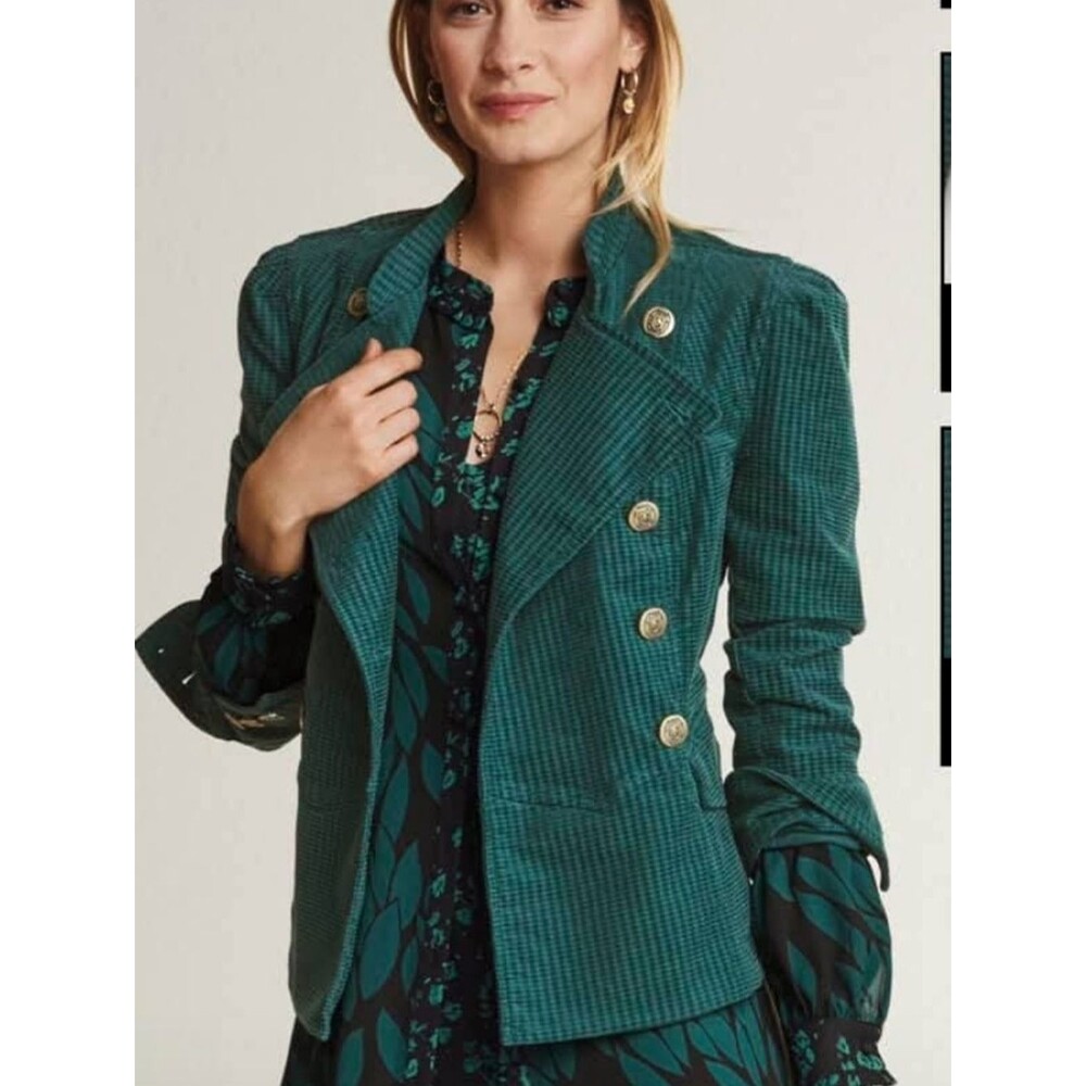 CAbi Style #3913 The Lennon Jacket, Green & Forest Green Houndstooth, XS